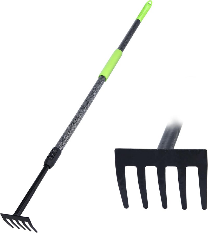KLDOLLAR Hand Rake, Adjustable Handle Garden Small Rake Garden Tool, Heavy Duty Hand Tiller Cultivator with Soft Foam Grip, Mini Rakes for Weeding Tilling Soil Loosing Planting - Image 1